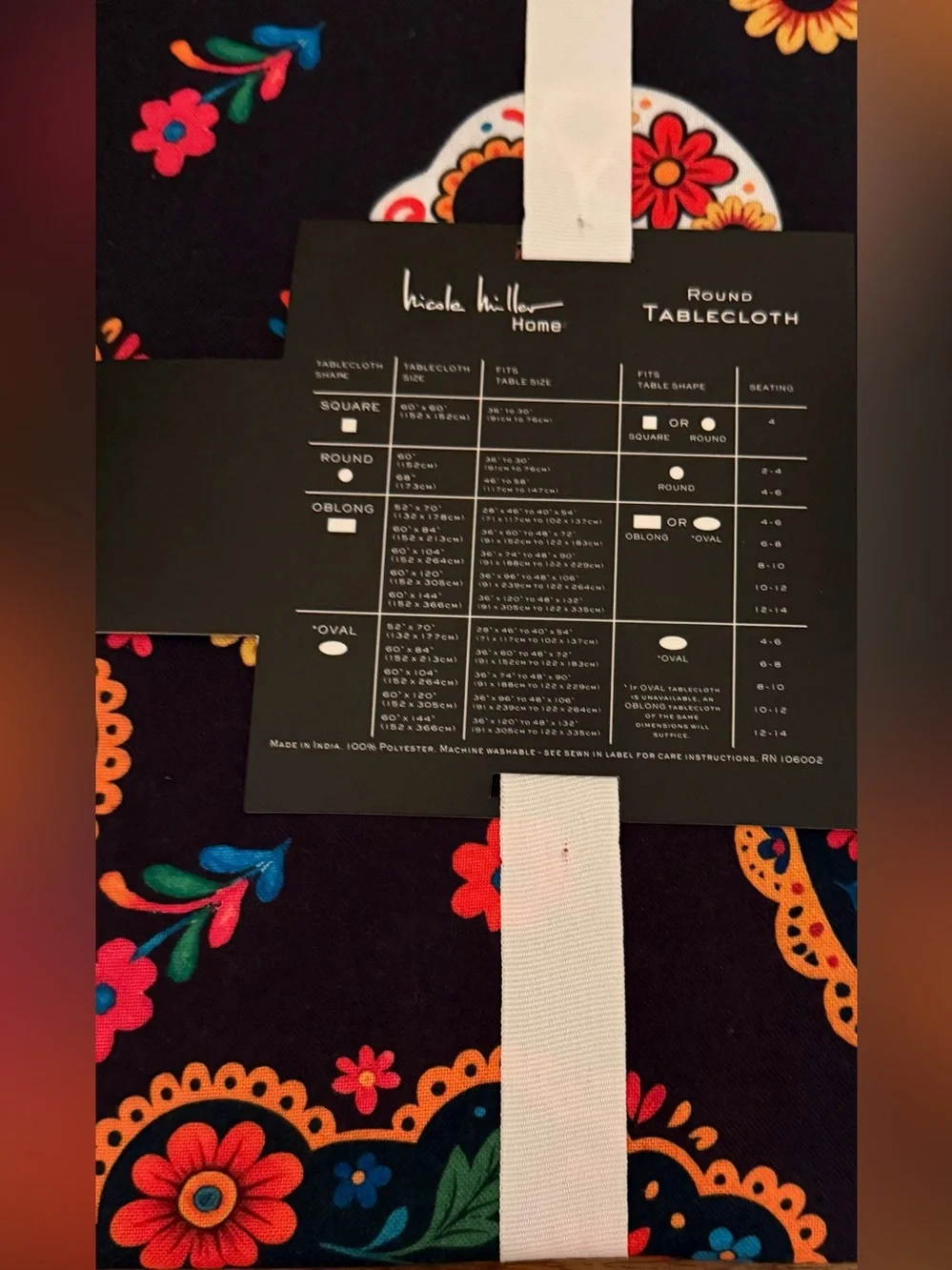 Nicole Miller Black Round 68”Tablecloth with Colorful Floral Sugar Skull Motif